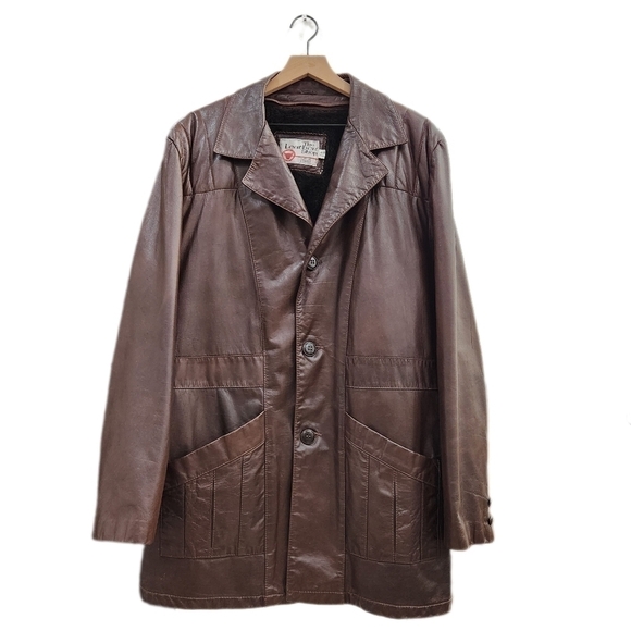 70s Vintage Sears  "The Leather Shop" Leather Lined Coat, Brown, Men's 44 Tall - Picture 2 of 11